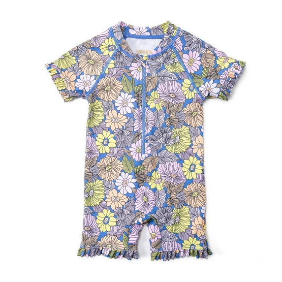 BONVERANO Baby Girls Swimsuit UPF 50+ Sun Protection, Short Sleeve Zipper One Piece Swimwear, Toddler Bathing Suit(flower2-9-12months)
