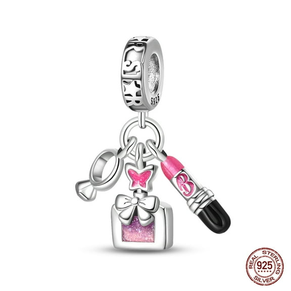 BONZEUS Fashion Pink Princess Charms 925 Sterling Silver Beads with Zircon - Skirt, Bag, Lipstick Designs - Fits Bracelets - Fine DIY Jewelry Gift