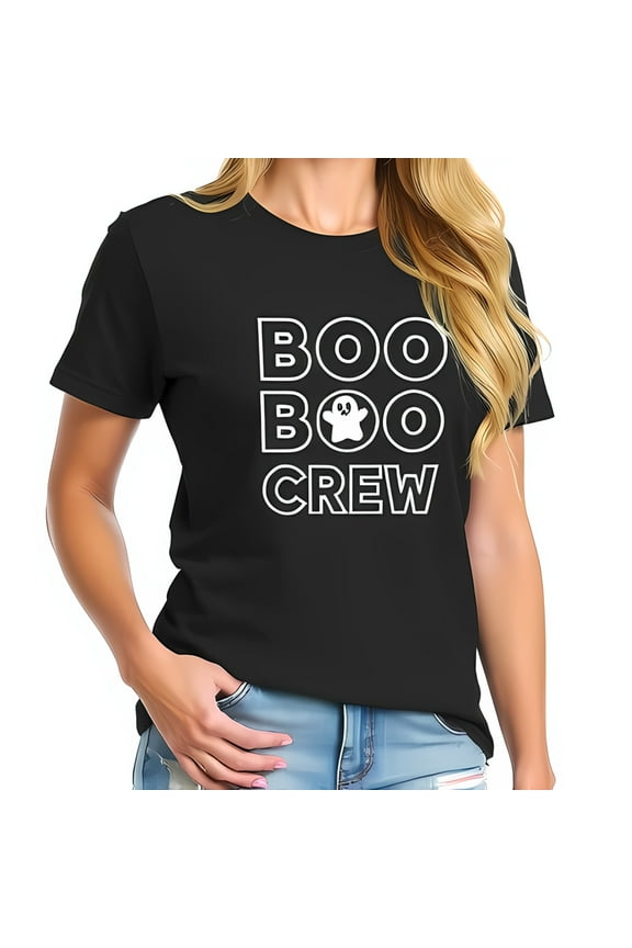 BOO BOO CREW Cotton Short Sleeve T-Shirt - Fun Ghost Illustration & Bold White Font for Halloween Celebrations