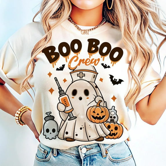 BOO BOO Crew T-shirt, Nurse Shirt, Nurse Halloween Shirt, Pink Halloween Shirt, Ghost Shirt, Spooky Season Shirt TH040646