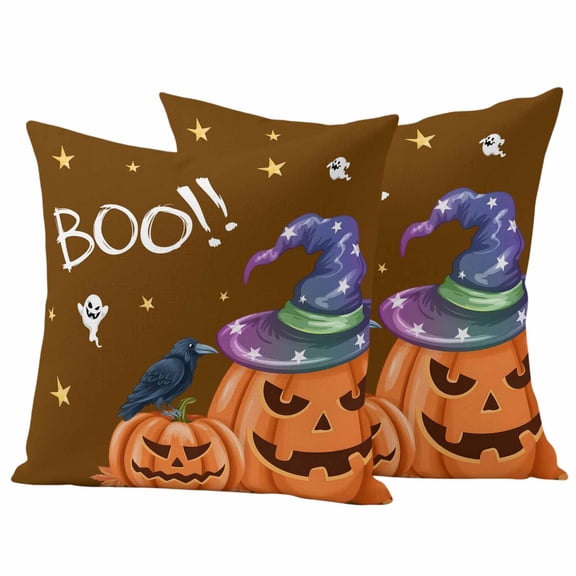 BOO Halloween Outdoor Waterproof Pillow Covers, Brown Pumpkin Spooky Ghost Crow Star Decorative Square Throw Pillowcase Sofa Cushion Sham for Patio/Couch/Chair, 26"x26" 2 Pack
