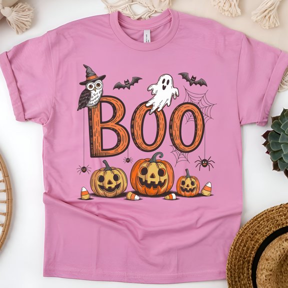 BOO Halloween Shirt | Cute Ghost, Owl, and Pumpkin Graphic Tee, Azalea, Size L