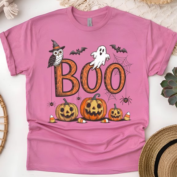 BOO Halloween Shirt | Cute Ghost, Owl, and Pumpkin Graphic Tee, Heliconia, Size S