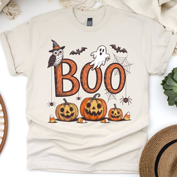BOO Halloween Shirt | Cute Ghost, Owl, and Pumpkin Graphic Tee, Natural, Size S