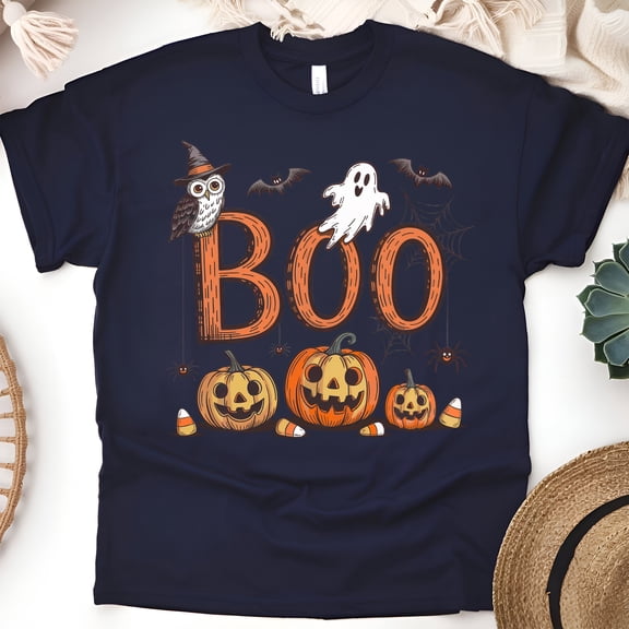 BOO Halloween Shirt | Cute Ghost, Owl, and Pumpkin Graphic Tee, Navy, Size XL