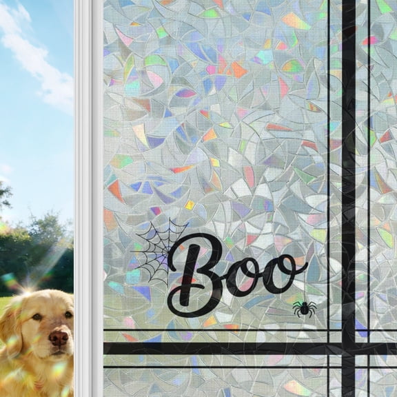 BOO Halloween Window Privacy Film Stain Glass,Reusable Decorative Rainbow Window Film,Striped Horror Spi-der Web Beige Static Cling Sun Blocking Stickers Decals Covers 29.5" x 118" (2pcs)