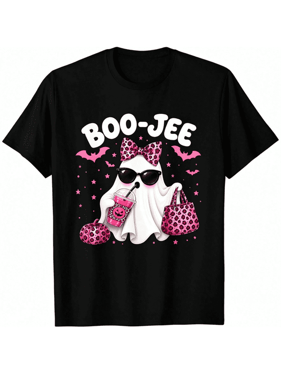 BOO-JEE Leopard Ghost Graphic, Halloween Bat And Pumpkin Print, Short Sleeve Crew Neck Top