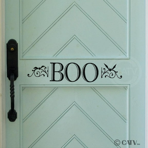 BOO with Scrolls and Bats Halloween Decor Wall Decals Stickers - Size: 4.5"H x 22"L - Color: Black