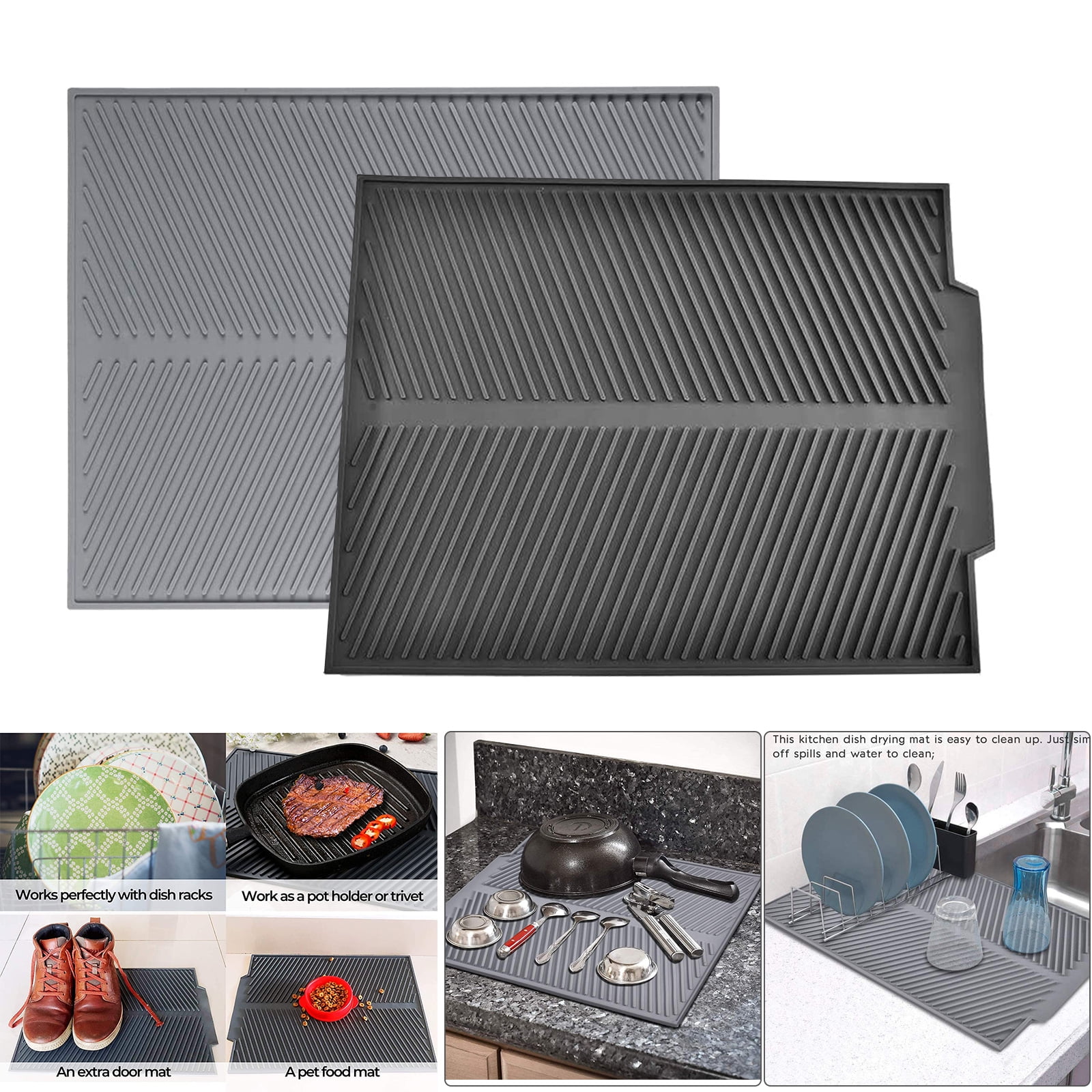 Miuline Drain Mat, Rectangel Silicone Mat ,Rectangle Silicone Drain Mat Drying Dishes Pad Heat Resistant Slip-Proof Tray, Gray