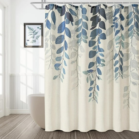 BOODII Blue Eucalyptus Leaves Shower Curtain Set with Hooks Linen Shower Curtain for Bathroom Watercolor Floral Plant Leaf for Bath Natural Waterproof Fabric Bathroom Decor, 72x72