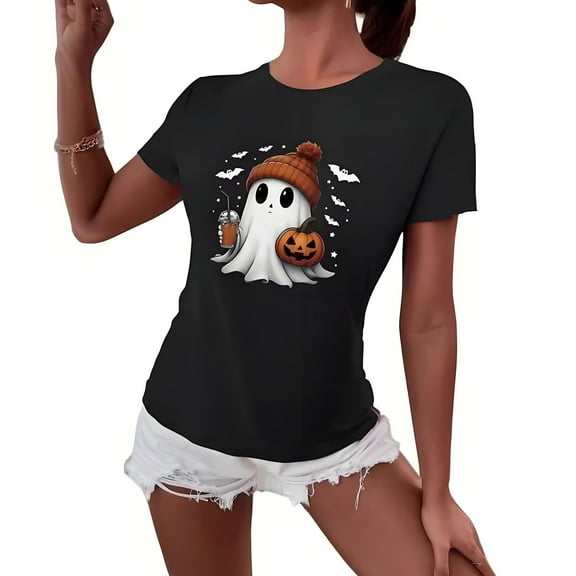 BOOHIT Halloween Shirts for Women Cute Ghost Face Graphic Casual Tees Tops ( Black M )