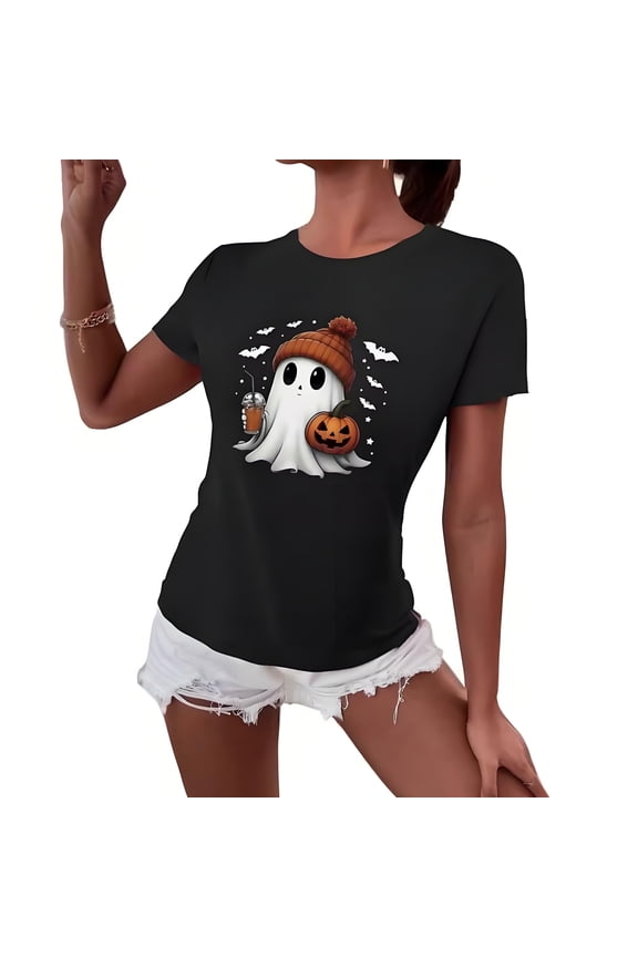 Halloween Shirts for Women Cute Ghost Face Graphic Casual Tees Tops ( Black S )