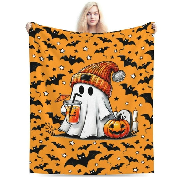 BOOHIT Halloween Throw Blanket 50x60 Inch Spooky Fall Orange Home Decorative ( Cute Ghost )