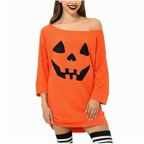 BOOHIT Halloween Women Pumpkin Costume Sexy Dress 3/4 Sleeve Off Shoulder Spooky Long Shirts (S)