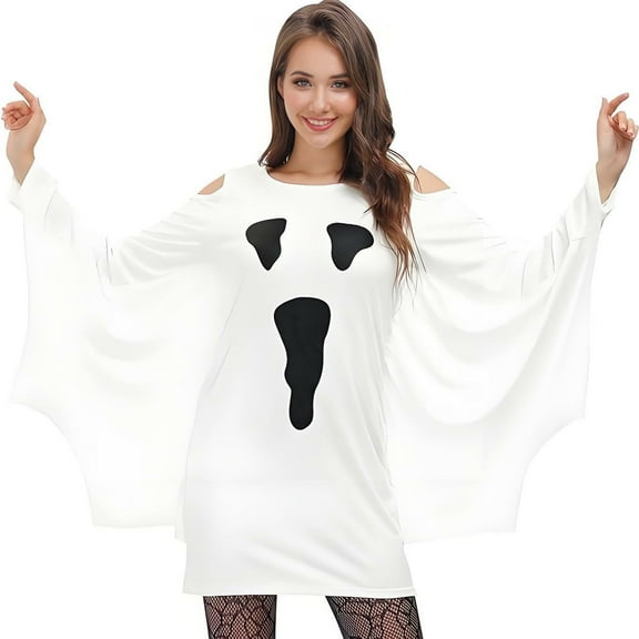 BOOHIT Halloween Women Sexy Ghost Face Costume Dress 3/4 Sleeve Off Shoulder spooky Long Shirts (XL)