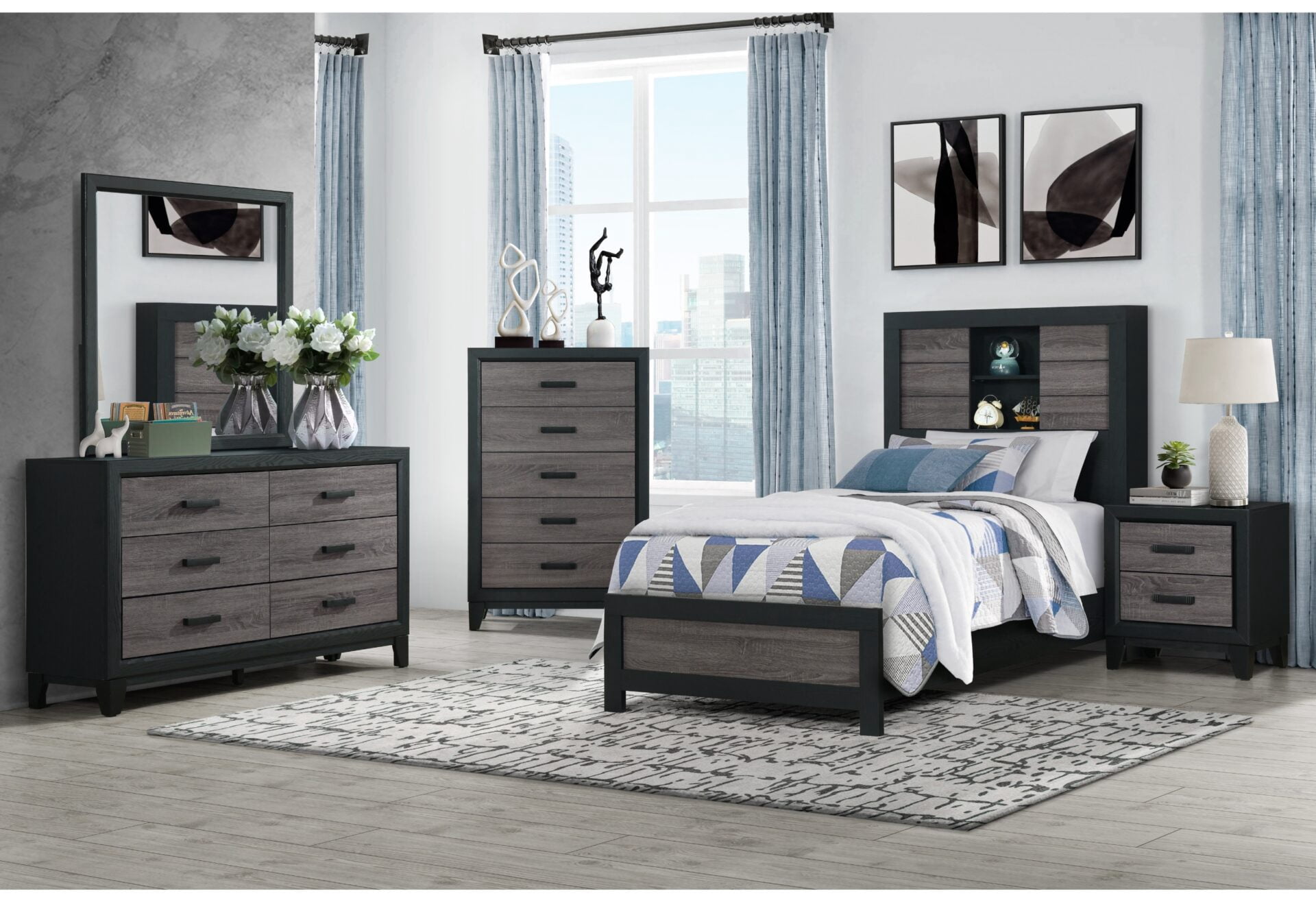 BOOKCASE TWIN BED, DRESSER, MIRROR AND NIGHTSTAND