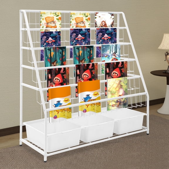 SENDERPICK BOOKSHELVES W/ STORAGE BOXESBOOK DISPLAY RACK,KIDS BOOKCASE WITH STORAGE WHITE