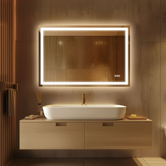 BOOLUU 48x30 Led Bathroom Mirror with Lights, Anti-Fog, Dimmable, Backlit and Front Light,Tempered Glass Bathroom Mirror with Led Lights,3 Color Stepless Dimmable Mirror