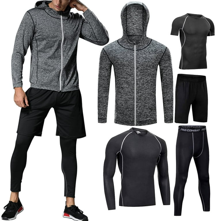 BUYJYA 5Pcs Men's Workout Set Gym Clothing Compression Leggings Shorts  Shirt Long Sleeve Top for Running