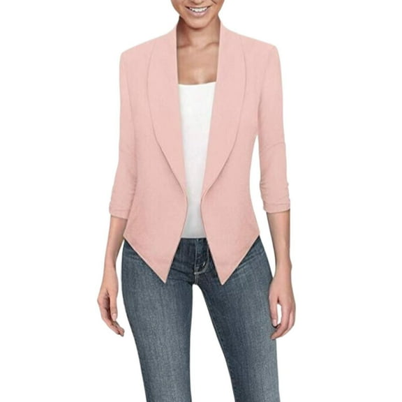 BOOMILK Blazers for Women Business Casual Solid Long Sleeve Suit Jacket Plus Size Slim Office Blazer Pink L
