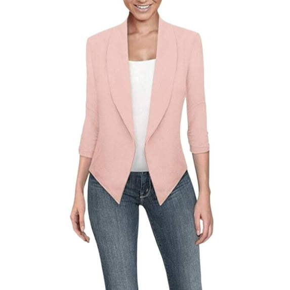 BOOMILK Blazers for Women Business Casual Solid Long Sleeve Suit Jacket Plus Size Slim Office Blazer Pink S