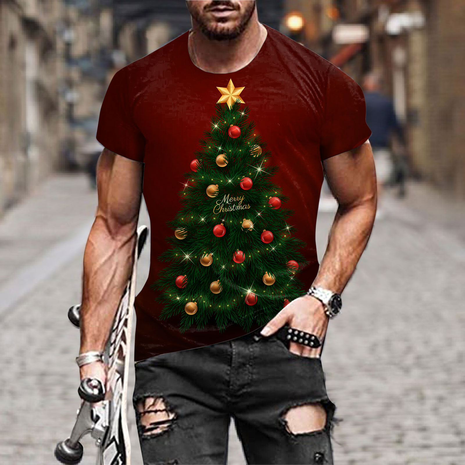 BOOMILK Christmas Graphic T Shirts for Men Fall Winter Casual Short