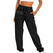 BOOMILK Christmas Womens Sweatpants Trendy Women Pants Waist Elastic Loose Letter Print Casual Side Pockets Drawstring Workout Jogger Pants