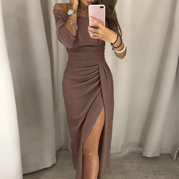 BOOMILK Cocktail Dresses for Women Off Shoulder Elegant Sparkly Sequin Slit Long Sleeve Midi Formal Party Dress Coffee