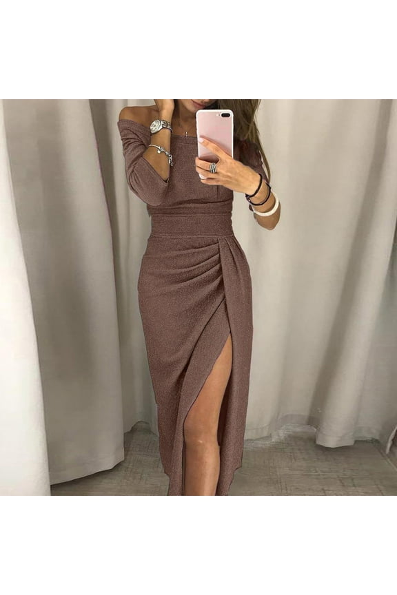 Cocktail Dresses for Women Off Shoulder Elegant Sparkly Sequin Slit Long Sleeve Midi Formal Party Dress Coffee