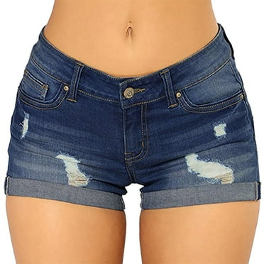 BOOMILK Denim Shorts for Women Summer Low Waisted Stretch Ripped Jean Shorts With Pockets Blue