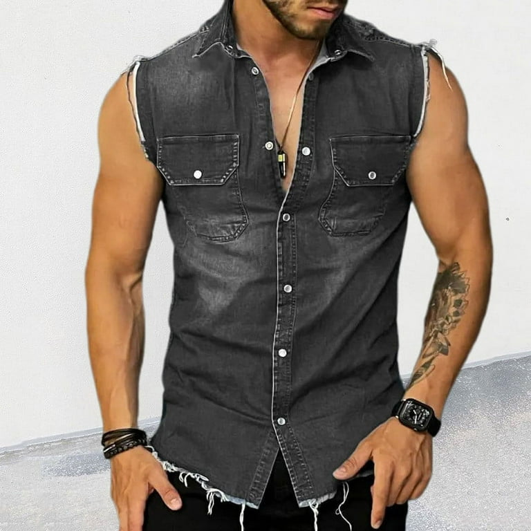 BOOMILK Denim Vest Men Vintage Slim Summer Tank Top Sleeveless Button Down Jean Jacket With Pockets Black Walmart