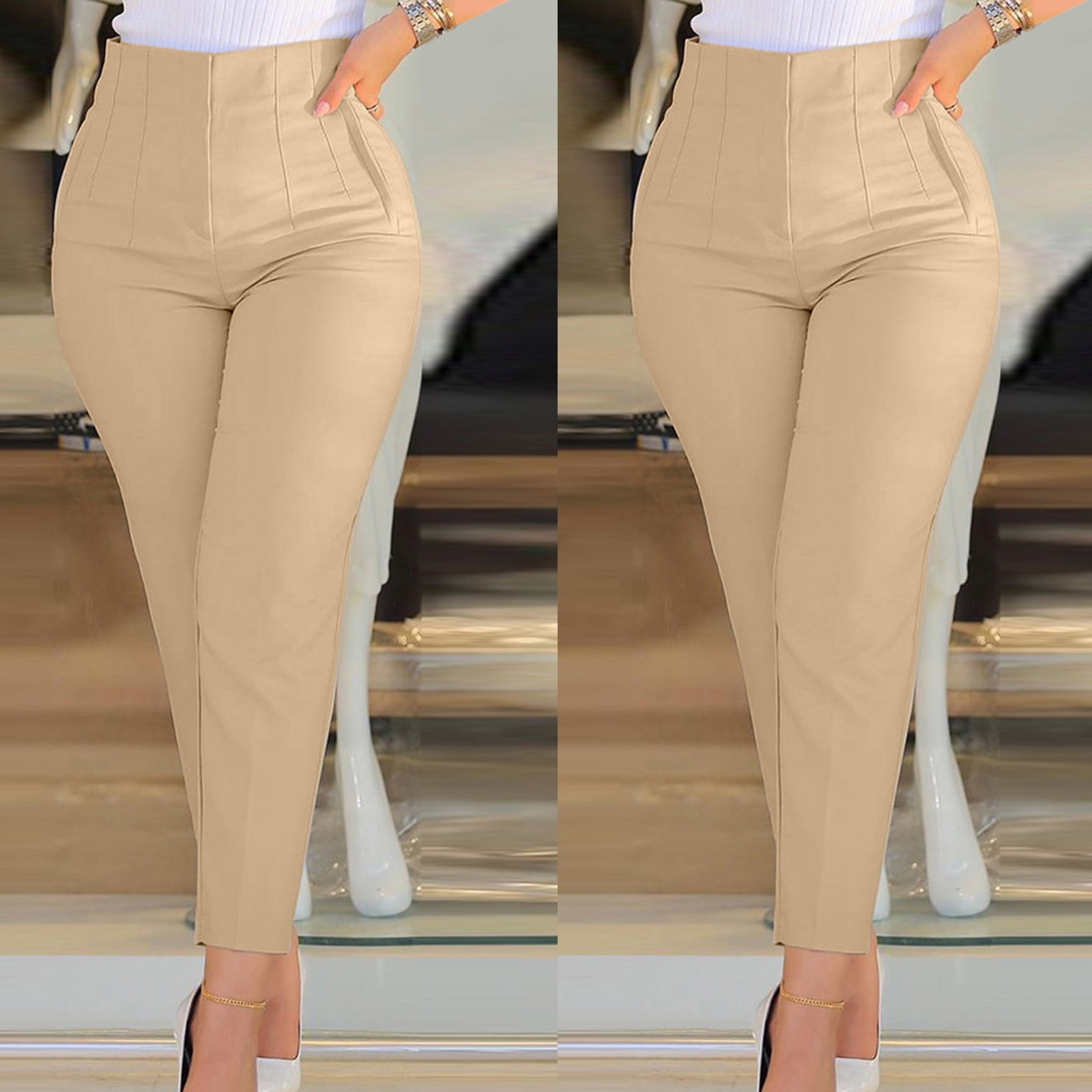 BOOMILK Dress Pants for Women Business Casual High Waisted Solid Color  Cropped Work Pants Slim Taper Zipper Trousers With Pocket Beige -  Walmart.com