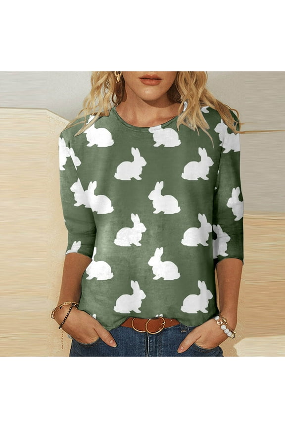 Easter T Shirts for Women Casual Round Neck 3/4 Sleeve Day Funny Printed Tshirt