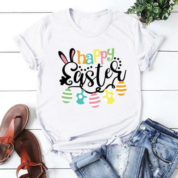BOOMILK Easter T Shirts for Women Day Short Sleeve Crewneck Cute Rabbit Letter Printed Casual Tee Tops
