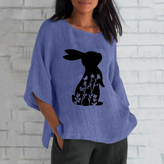 BOOMILK Easter T Shirts for Women Plus Size 3/4 Sleeve Crew Neck Linen Tops Loose Trendy Rabbit Bunny Graphic Tees