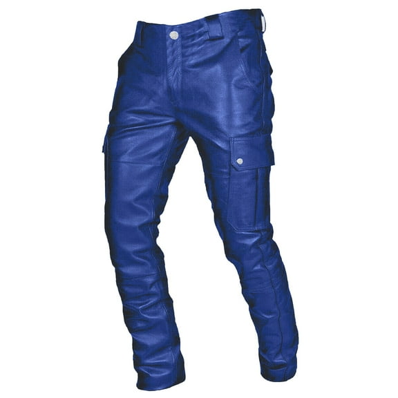 BOOMILK Faux Leather Pants Men Plus Size Trendy Gothic Biker Slim Fit Cargo Pants With Pockets Blue