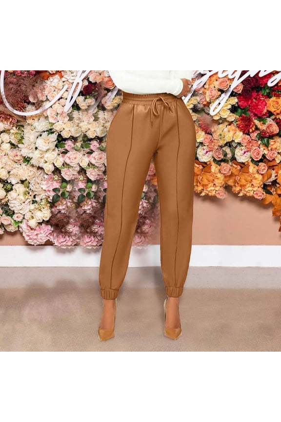 Faux Leather Pants for Women Trendy Elastic High Waisted Straight Leg Pants With Pockets Brown