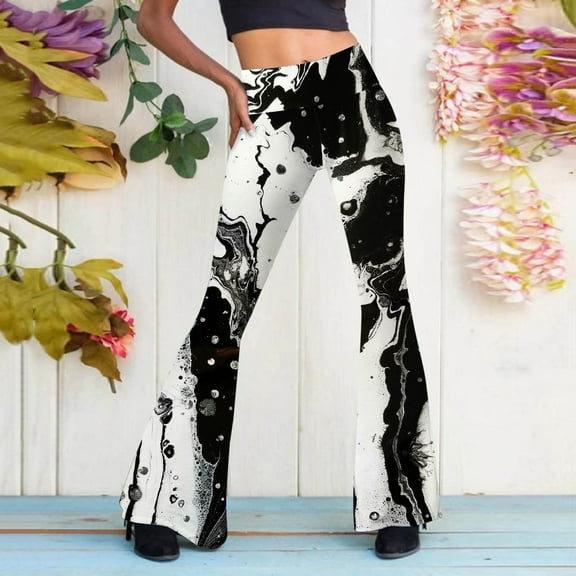 BOOMILK Flare Leg Pants for Women High Waisted Trendy Printed Bell Bottoms Slim Fit Casual Pants Black