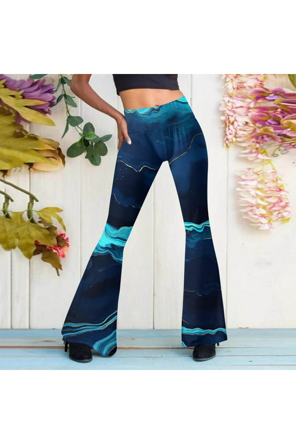 Flare Leg Pants for Women High Waisted Trendy Printed Bell Bottoms Slim Fit Casual Pants Blue