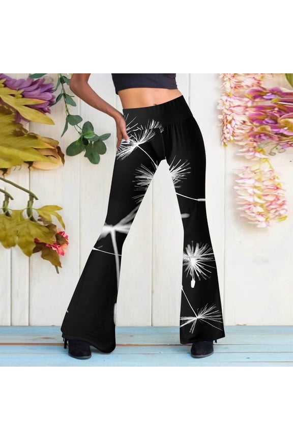 Flare Leg Pants for Women High Waisted Trendy Printed Bell Bottoms Slim Fit Casual Pants White