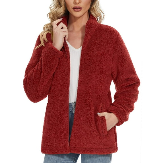 BOOMILK Fleece Jackets for Women Winter Zipper Fluffy Wool Teddy Casual Coat Pocket Warm Soft Jacket Red