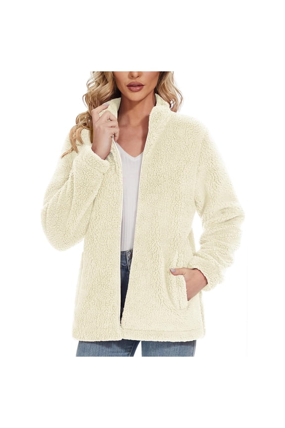Fleece Jackets for Women Winter Zipper Fluffy Wool Teddy Casual Coat Pocket Warm Soft Jacket White