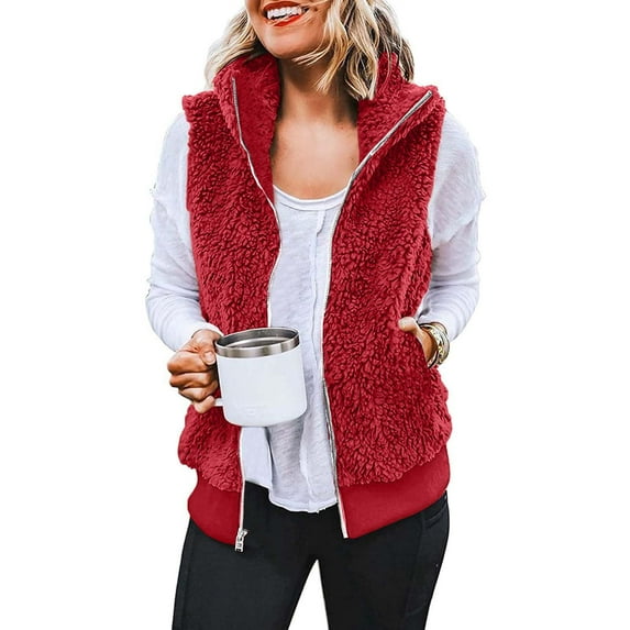 BOOMILK Fleece Vest Women Solid Color Fashion Casual Sleeveless Pocket Zipper Coat Red