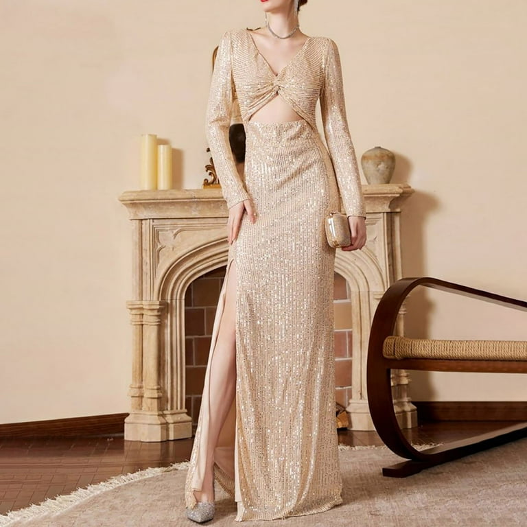 BOOMILK Formal Party Dresses for Women Evening Elegant Glitter Sequin Cutout Maxi Dress Long Sleeve V Neck Slit Sparkly Prom
