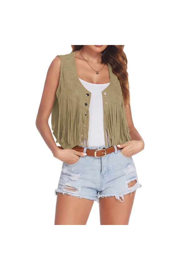 Fringe Vest for Women Faux Suede Open Front Vintage Tassel Vest Sleeveless 70s Hippie Western Jacket Brown