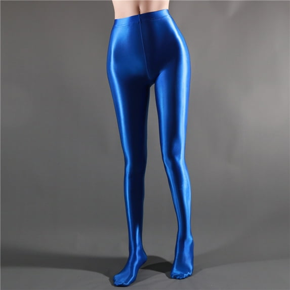 BOOMILK High Waisted Leggings for Women Ultra Thin Sheer Pantyhose Shiny Dance Yoga Skinny Pants Blue