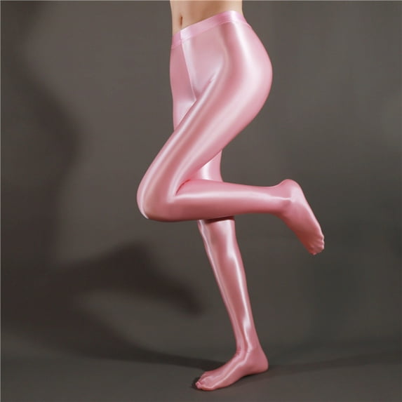 BOOMILK High Waisted Leggings for Women Ultra Thin Sheer Pantyhose Shiny Dance Yoga Skinny Pants Pink