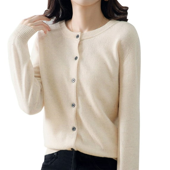 BOOMILK Knitted Cardigans for Women Basic Solid Color Crew Neck Long Sleeve Button Down Sweater