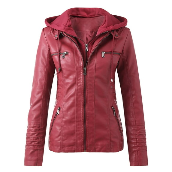 BOOMILK Leather Jackets for Women, Slim Hooded Zip Motorcycle Style Faux Leather Jacket Long Sleeve Outerwear Black, Size S-4XL