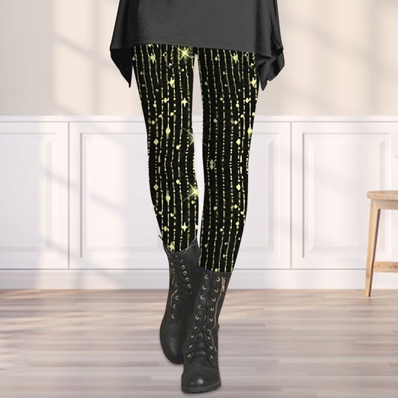 BOOMILK Leggings for Women Sequin Printed Trendy Casual Slimming Bottom Pants Yellow